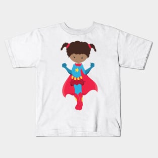 African American Girl, Superhero Girl, Red Cape Kids T-Shirt